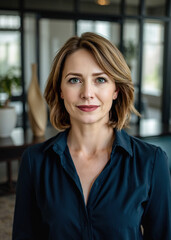 happy woman in her 30s, analyst, smart v-neck shirt, engaging and well-chosen, natural lighting