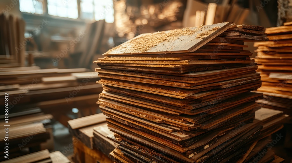 Poster a stack of wooden planks in a workshop, illuminated by soft light, creating a warm and rustic atmosp