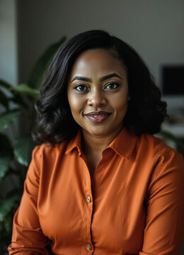 black woman in her 40s, program coordinator, orange long-sleeved shirt, excellent and interesting, office plants