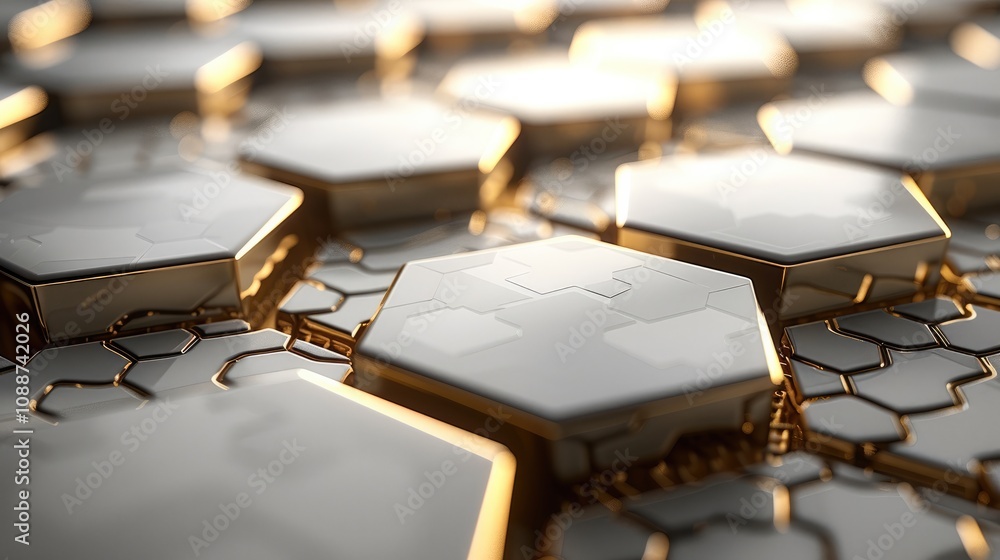 Aufkleber Hexagonal Tech Pattern, A futuristic background filled with glowing hexagonal patterns interconnected by thin lines. The hexagons represent digital interfaces or tech systems, background sleek feel.