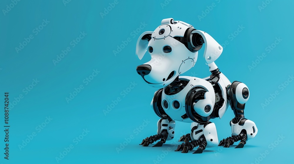 Poster a 3d render of a robot dog in a playful pose on a blue background.