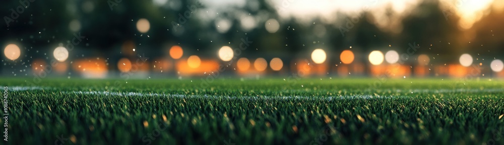 Poster A blurred view of a grassy field with bokeh lights in the background.