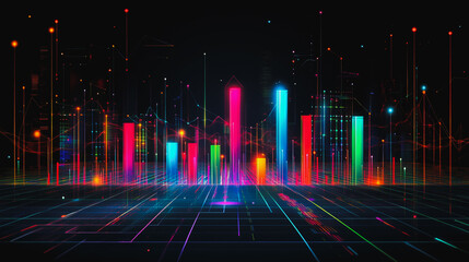 Abstract black background with 3D Colorful charts and graphs with statistics to innovative analyze business potential and forecast future development of companies growth.