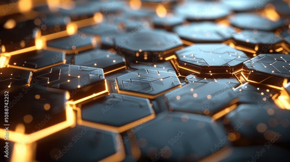 Aufkleber Hexagonal Tech Pattern, A futuristic background filled with glowing hexagonal patterns interconnected by thin lines. The hexagons represent digital interfaces or tech systems, background sleek feel.