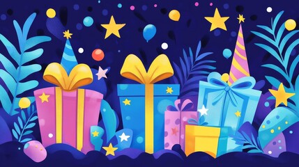 A colorful scene of three presents with a star on top of each one