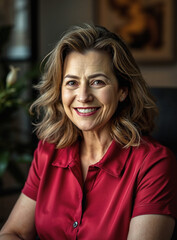 smiling woman in her 50s, silk polo shirt, executive assistant, blurred background, fern