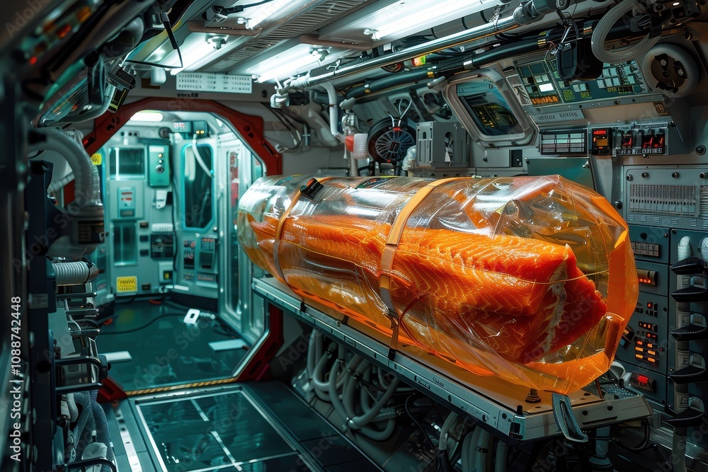Poster a futuristic interior of a spacecraft featuring a large, transparent container with an orange entity