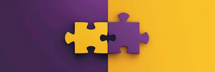 Fototapeta premium A colorful image featuring two interlocking puzzle pieces, one purple and one yellow, representing connection and collaboration.