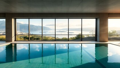 Fototapeta premium An indoor swimming pool with a large window overlooking a scenic outdoor view