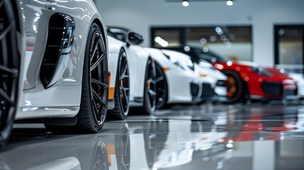 A sleek lineup of luxury sports cars showcases their polished surfaces and unique designs in a modern showroom setting.
