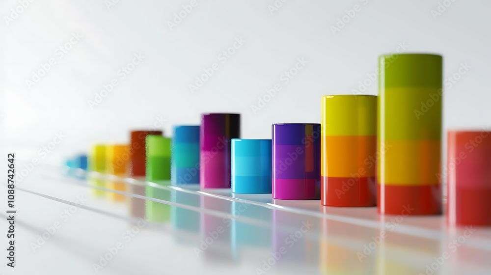 Poster colorful cylindrical bars arranged in ascending order, representing data visualization or graphical 