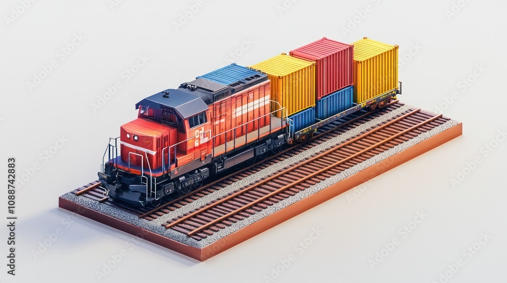 Poster A model train with colorful containers on a track, showcasing transport and logistics.