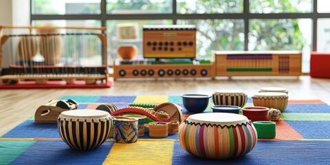 A creative and interactive music class scene with various teaching materials and instruments.