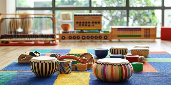 A creative and interactive music class scene with various teaching materials and instruments.