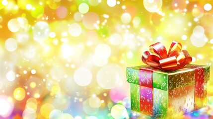 Fototapeta premium A colorful box with a red ribbon sits on a bright yellow background