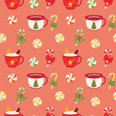 Seamless pattern with cup of hot chocolatehmallows, candy canes and christmas tree.