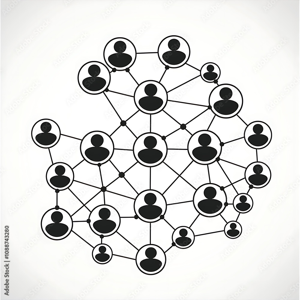 Poster a network of interconnected user icons, representing social connections and relationships in a digit