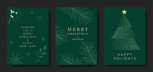 Naklejka premium Merry Christmas and Happy New Year. Set of greeting cards, posters, flyers, brochure design. Christmas tree, snowflakes and stars, mistletoe on green background. Vector illustration.
