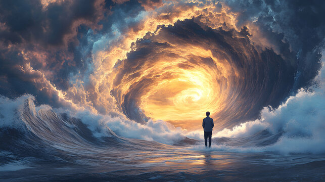 A Solitary Figure Stands Before a Glowing Vortex in a Turbulent Sea of Clouds