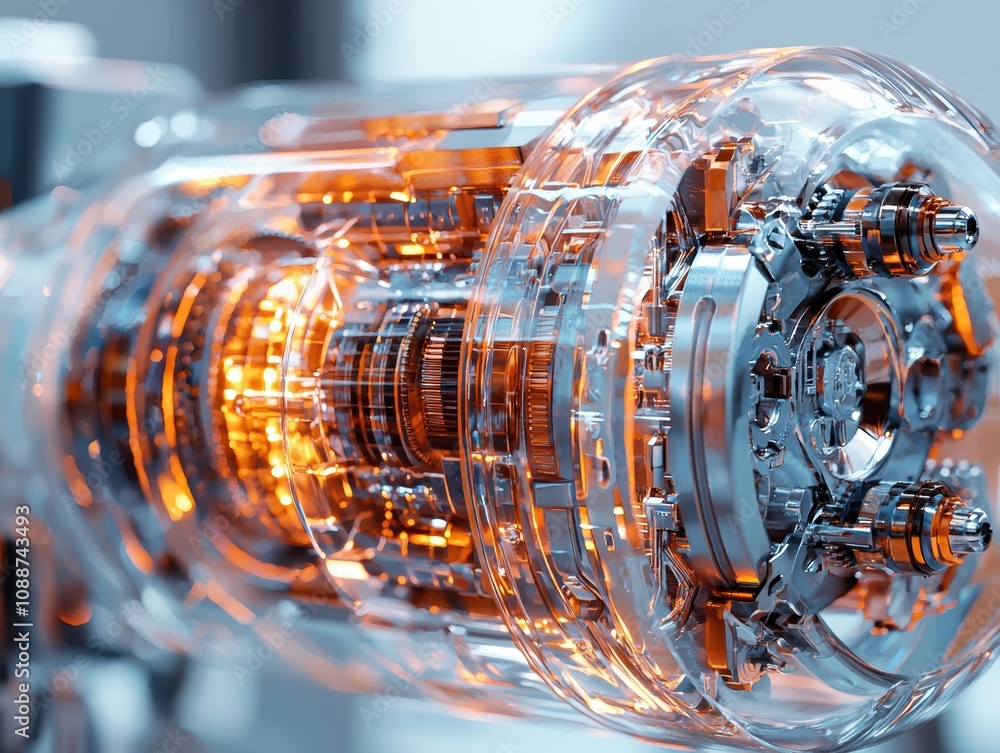 Poster intricate close-up of a transparent mechanical engine with detailed components illuminated by orange