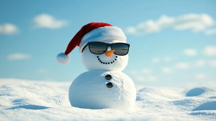 Fototapeta premium Concept - happy snowman with sunglasses and santa hat in the north pole snow on Christmas day
