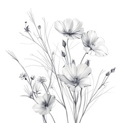 A delicate black and white illustration of blooming flowers and slender grasses, capturing a serene and elegant botanical beauty.