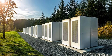 A row of modern energy storage units in a lush, green landscape, showcasing sustainable technology under a clear sky.