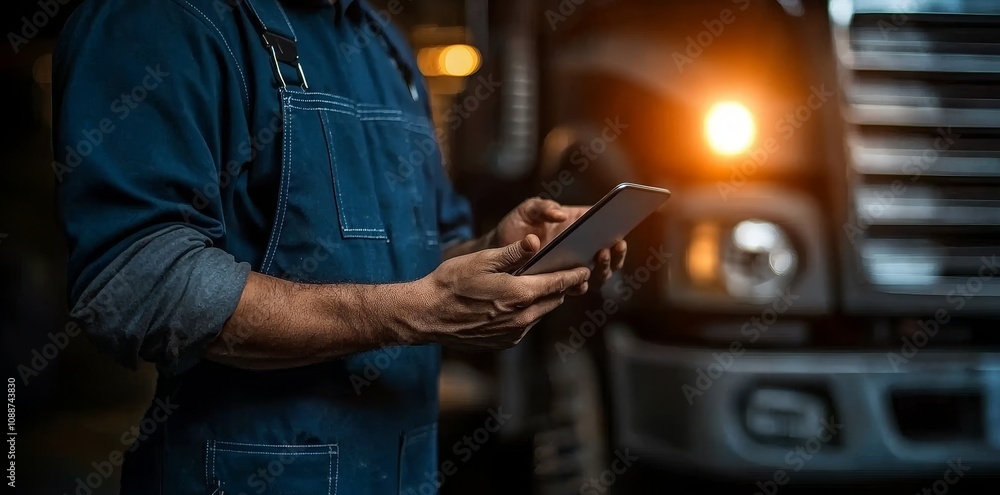 Poster mechanic diagnosing a diesel engine with a tablet computer in an auto repair shop.