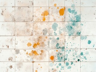Abstract paint splatters in orange and teal on white tiles create a vibrant, artistic pattern. Perfect for creative background concepts.