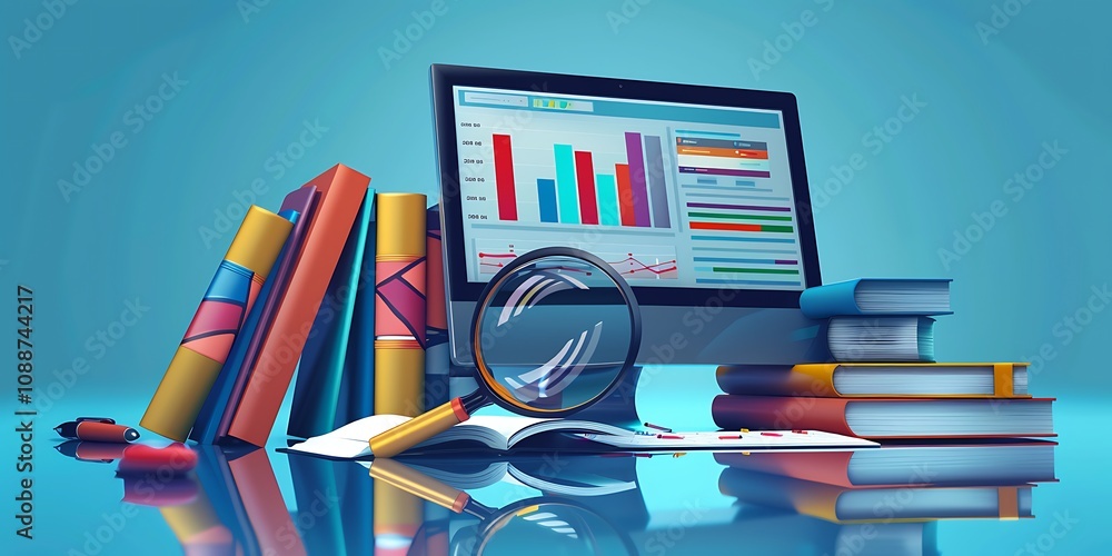 Aufkleber a vibrant workspace featuring a computer with data charts, surrounded by colorful books and a magnif