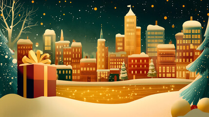 Land with buildings, big Christmas gifts, different shapes, golden river, snowy trees, sky full of Christmas lights, elegant, simple style, dark sky, gold, dark green, red.
