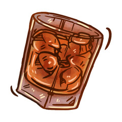 Whiskey glass filled with ice and golden liquid swirls in a dynamic motion