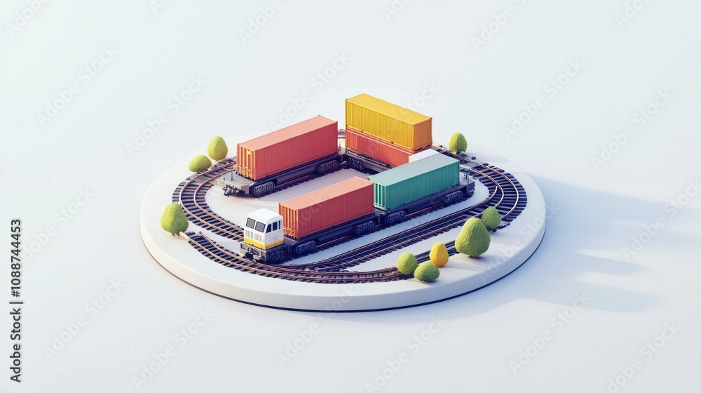 Aufkleber a miniature train set with colorful cargo containers on a circular track.