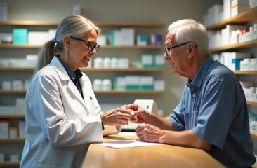 Obraz premium female pharmacist handing over medication to elderly male patient at pharmacy counter. healthcare, pharmacy work, customer service