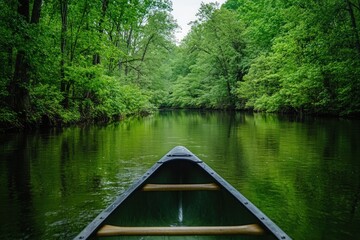Obraz premium Serene Canoe Ride Through Lush Green River