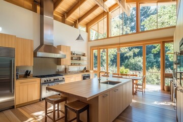 Modern kitchen with wooden accents and large windows, inviting natural light and outdoor views.
