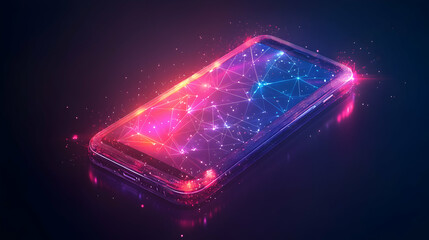 Fototapeta premium Abstract Neon Smartphone with Glowing Lines and a Geometric Pattern on a Dark Background