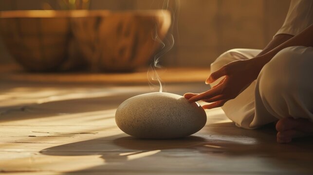 A serene morning meditation scene with soothing light, thumb stone, and sandalwood essence