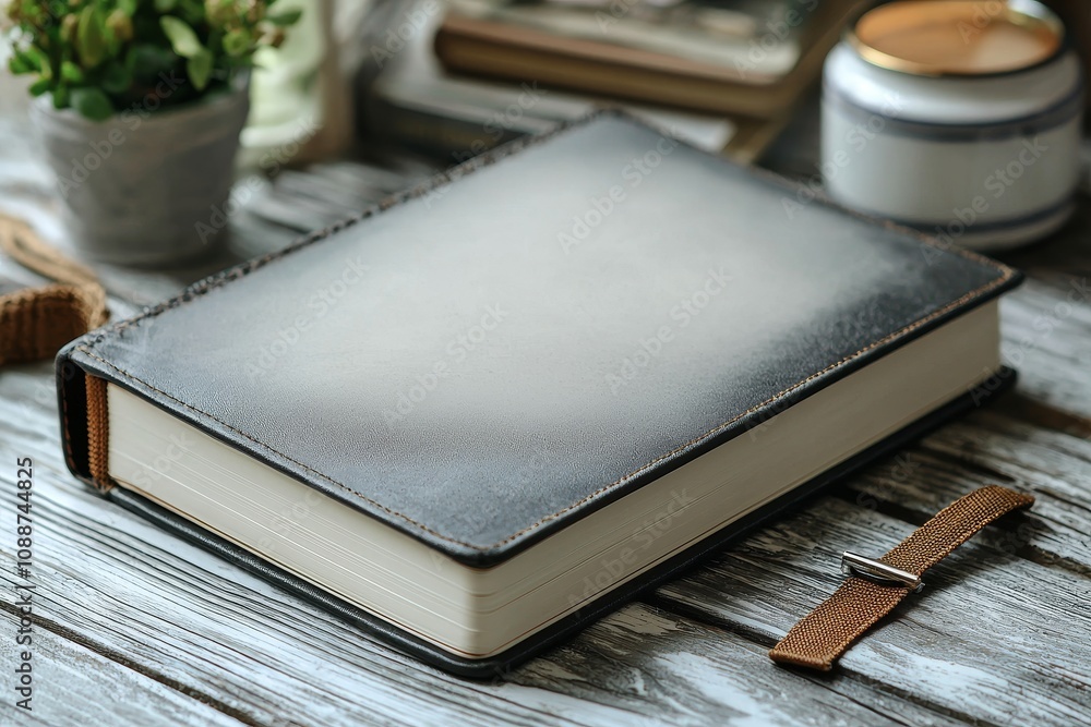 Poster mockup of a blank photorealistic notebook on a light grey background.