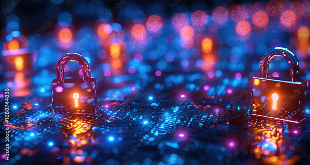 Poster Glowing digital locks in a network grid pattern, giving a secure tech vibe.