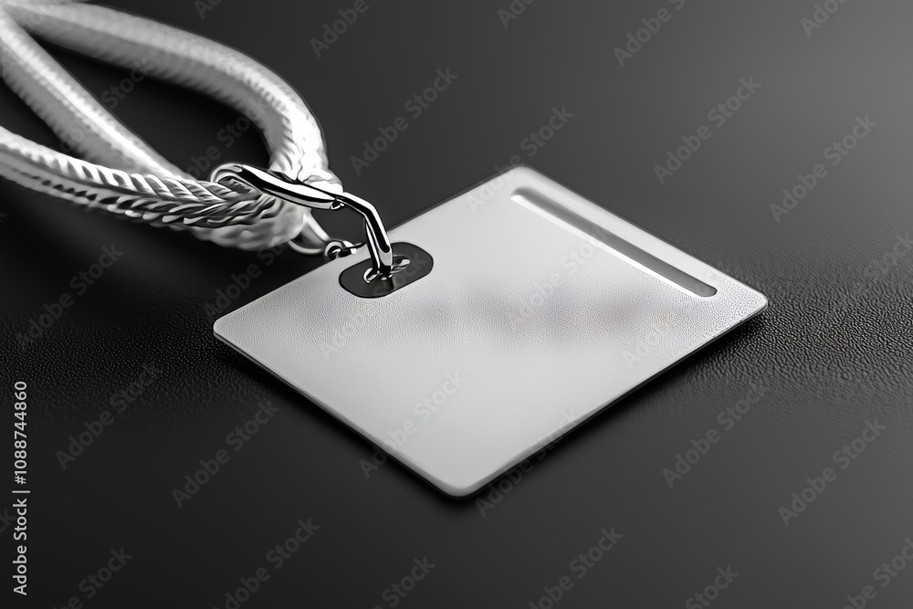Poster Isolated on black, a plain empty name tag mockup hangs from the neck with a string. Name tag, corporate design.
