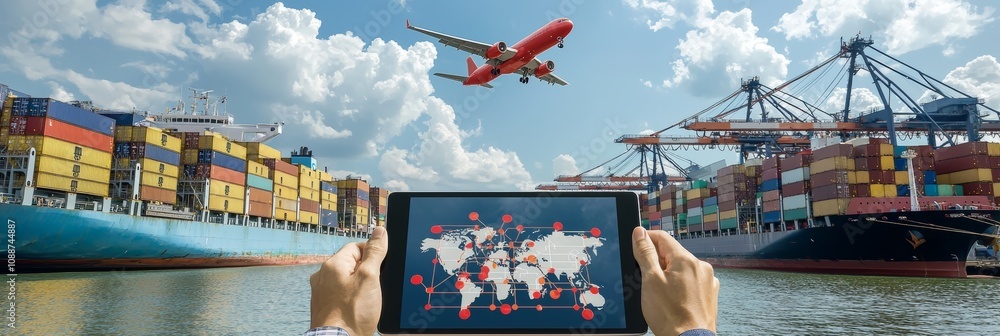 Aufkleber As I hold a tablet, I press a button on the touch screen interface displayed in front of a Logistics Industrial Container Cargo freight ship for the concept of quick or instant shipping, ordering