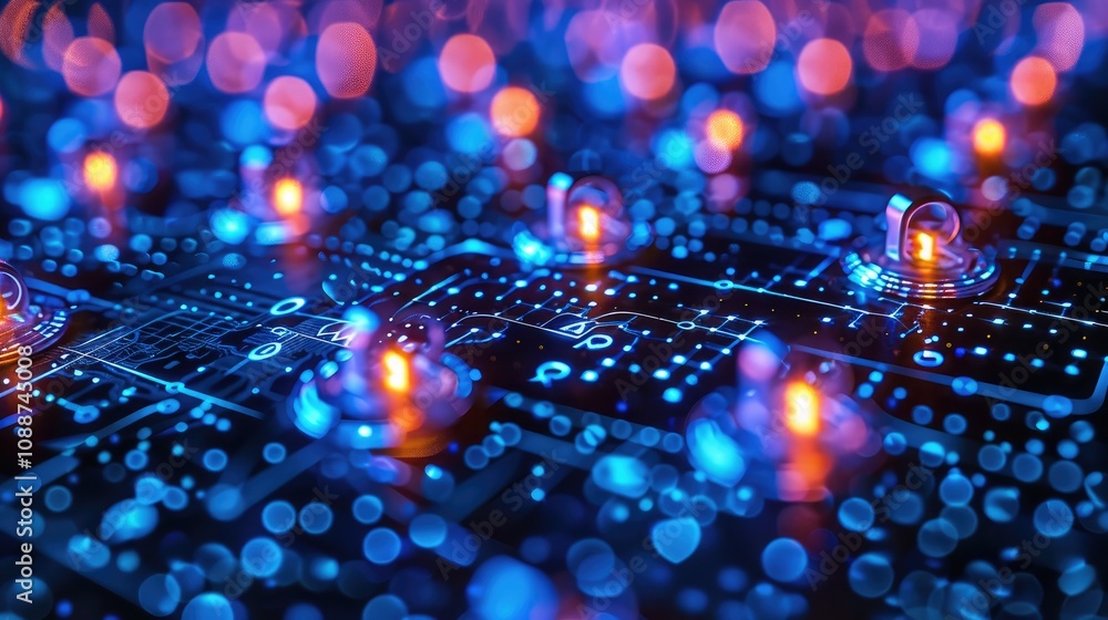 Poster Glowing digital locks in a network grid pattern, giving a secure tech vibe.