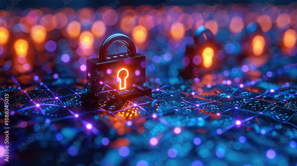 Poster Glowing digital locks in a network grid pattern, giving a secure tech vibe.