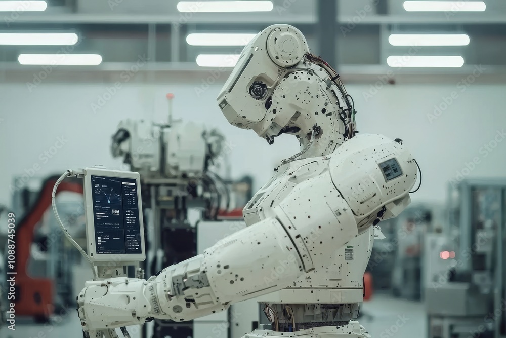 Aufkleber Smart factory concept utilizing automated robotic arms with mixed virtual reality technology to display data on operating lines with a stock user interface (UI).