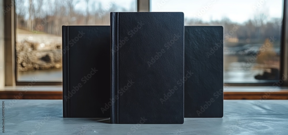 Poster mockup of a photorealistic black leather notebook on a light grey background, showing front, back, a