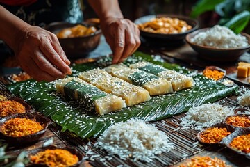 Obraz premium A close-up view of a woman making Chung cake by hand. Chung cake is considered the most important traditional Vietnamese food relating to the lunar new year (Tet).