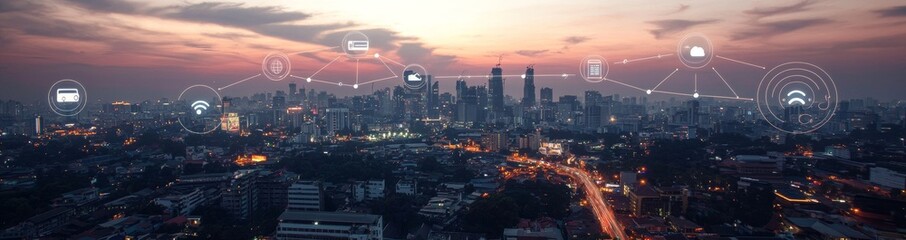 Fototapeta premium Skyline montage with smart services, icons, and internet of things concepts, early morning sunrise scene with smart services and icons.