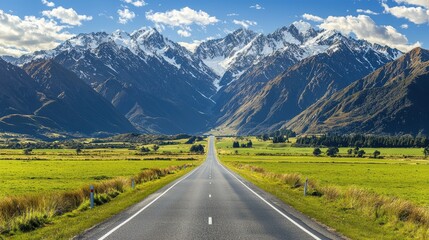 Fototapeta premium Serene Mountain Landscape with Stretching Road, Lush Green Valley, and Stunning Snow-Capped Peaks Under Clear Blue Sky in a Peaceful Natural Environment