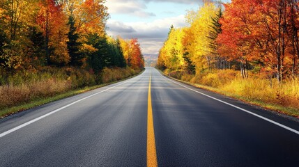Fototapeta premium Serene Autumn Roadway Framed by Vibrant Fall Foliage and Scenic Landscapes Under a Beautiful Sky, Capturing the Essence of Nature's Seasonal Display